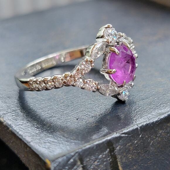 Elegant Rhodium-Plated Size 9 Ring with Simulated Amethyst and Clear Stones - Picture 5 of 12